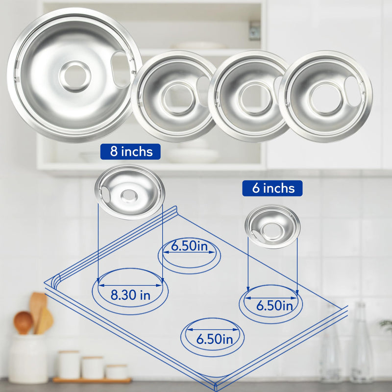 Stove Burner Covers,Chrome Replacement Drip Pans for Frigidaire Kenmore 316048413 and 316048414,4 pcs (3x6" and 1x8") drip pan 31