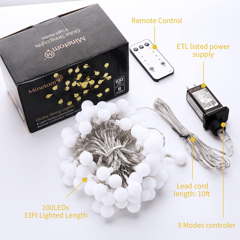 Minetom Globe String Lights, 33 Feet 100 Led Fairy Lights Plug in, 8 Modes with Remote Mini Globe Lights for Indoor Outdoor Bedroom Party Wedding Garden Christmas Tree Decor, Warm White 33Ft