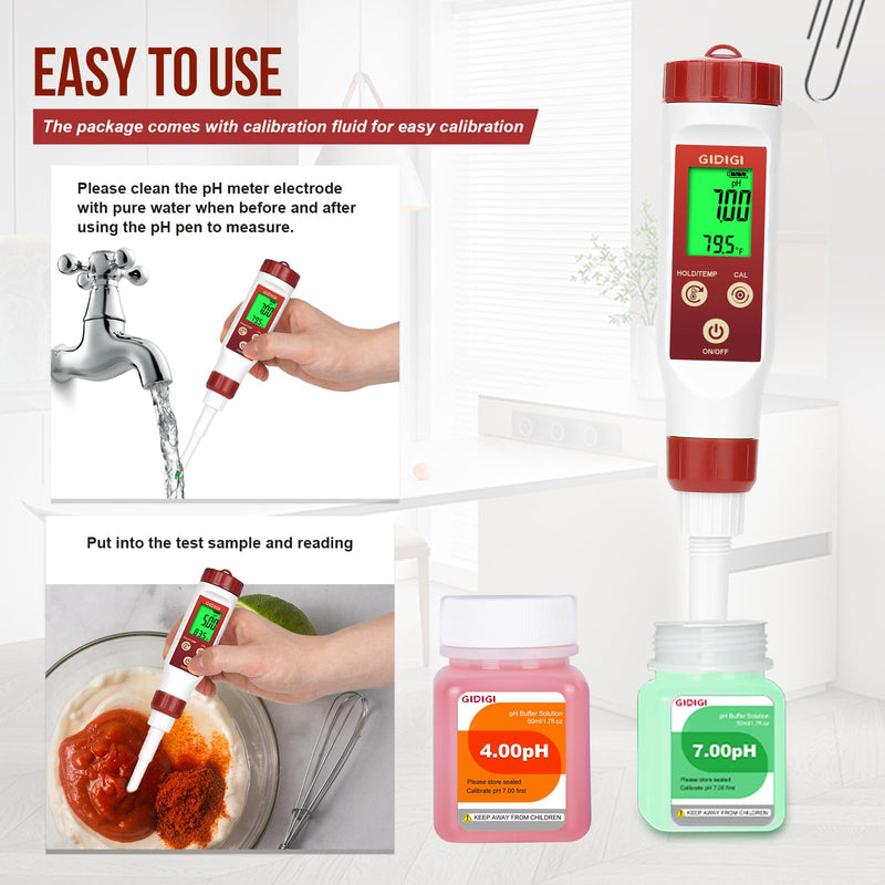 pH Meter for Food,Digital pH Meter for Fermentation,Hot Sauce,Canning,Spear Tip pH Food Tester Probe for Cheese,Cooking,Sourdough Bread,Saliva,Water Resistant Food pH Tester for Semi-Solid and Water