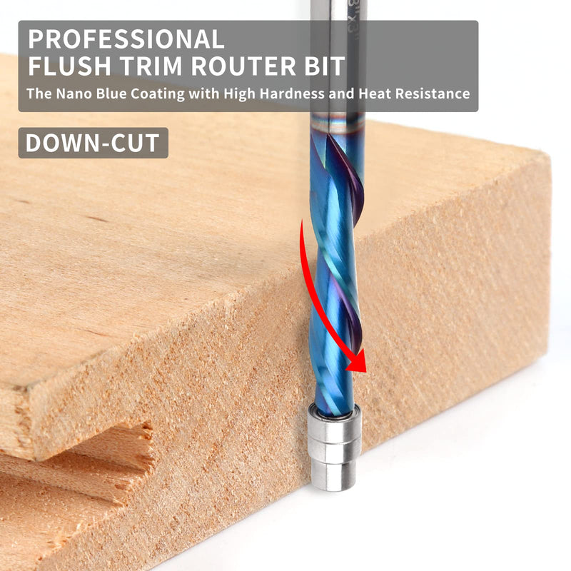 Downcut Spiral Flush Trim Router Bit, 1/4 Inch Shank Solid Carbide Flush Trim Router Bits Spiral with Nano Coated by EANOSIC (1/4" Shank Down-Cut) DOWN CUT