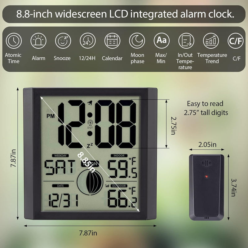 Atomic Wall Clock with Indoor/outdoor Temp Large Number Display Silent Battery Operated Alarm Analog Digital Clocks for Bedroom Dementia Seniors Desk Living Room Office Bathroom Kitchen Shower Black