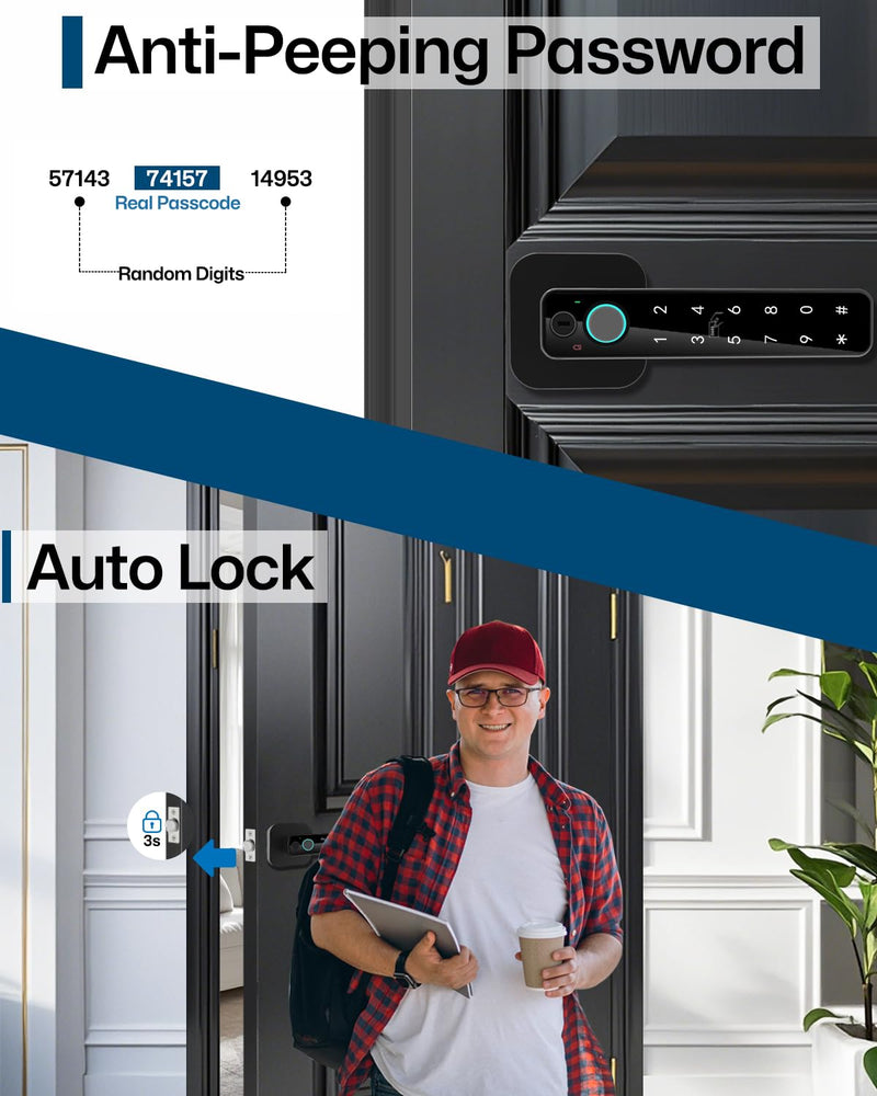 5-in-1 Smart Fingerprint Door Lock,Keyless Entry Digital Knob, Bluetooth App Control, Card and Key, Biometric Door Knob with Handle, Easy to Install for Exterior, Interior, Bedroom Doors