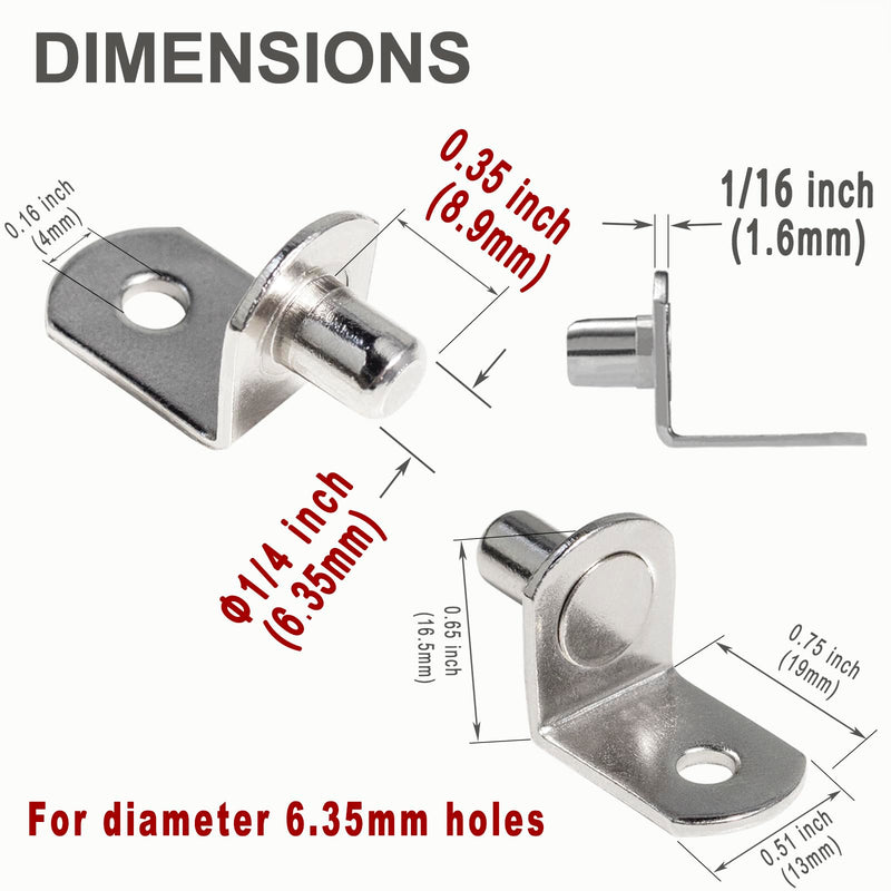 1/4 Inch (6.35mm) Shelf Pins L-Shaped Metal Support Pegs Bracket-Style Clips for Bookshelf Kitchen Cabinet Cupboard Shelves Holders, 20 PCS Nickel Plated Silver 1/4 inch ( 6.35mm )
