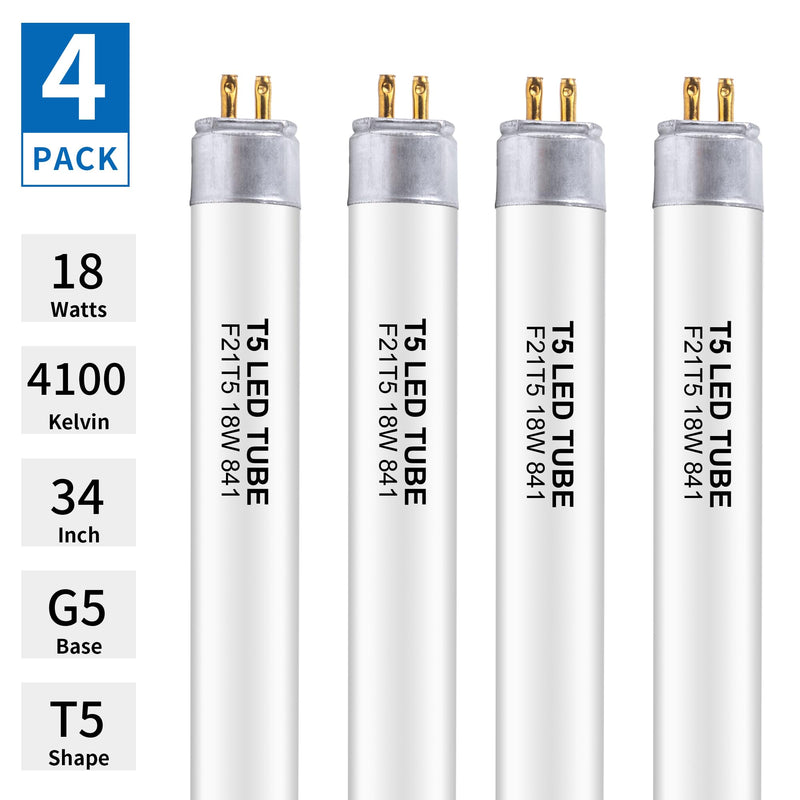 34 Inch F21T5/CW LED Replacement Bulbs, 4100K Cool White, T5 LED 18 Watts Replace Fluorescent Bulb with LED, Replacement Tube for Counter and Cabinet Fixture, 4 Pack