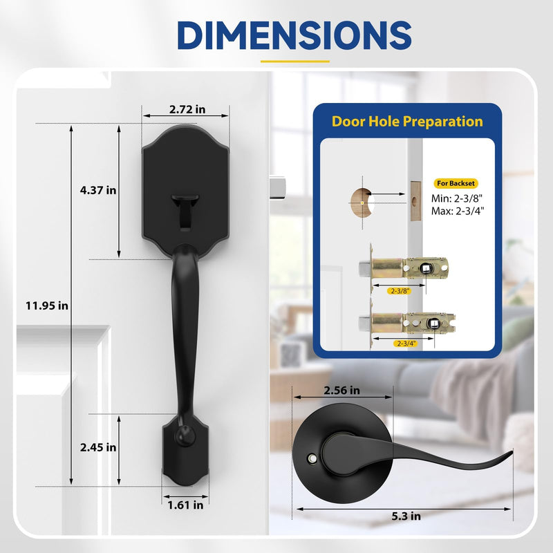 Black Front Door Handle No Lock, Exterior Door Handles with Passage Lever, Entry Door Handle Reversible for Left & Right Matte Black No Deadbolt