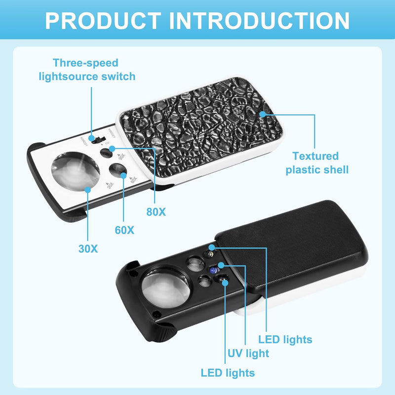 DREAME 30X 60X LED Light Illuminated Jewelers Eye Loupe Magnifier, Foldable Jewelry Magnifier for Gems Jewelry Rocks Stamps Coins Watches (White) Original