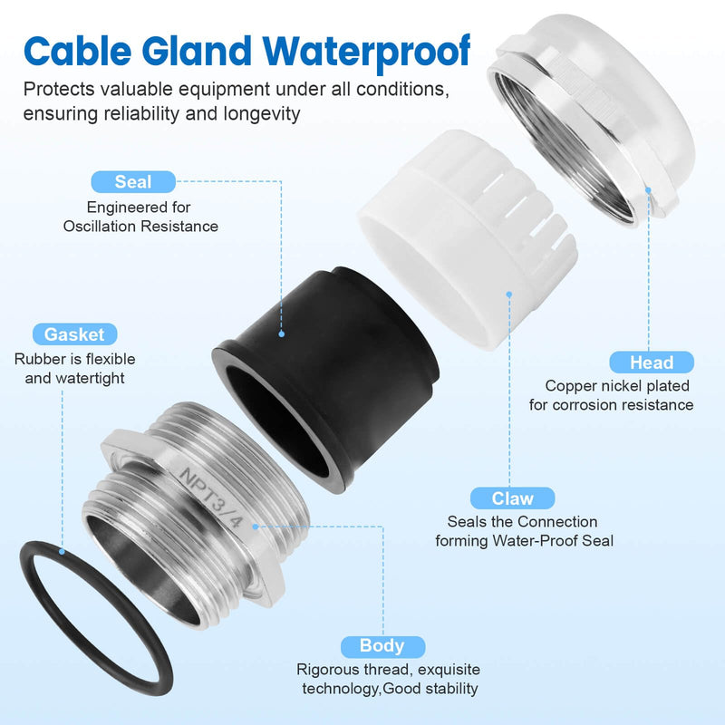 4 Pcs 3/4" NPT Nickel-Plated Copper Waterproof Cable Gland, IP68 Waterproof Adjustable Cable Glands, Strain Relief Cord Grip Connectors with Gaskets and Locknut for 13-18mm Cable Diameter