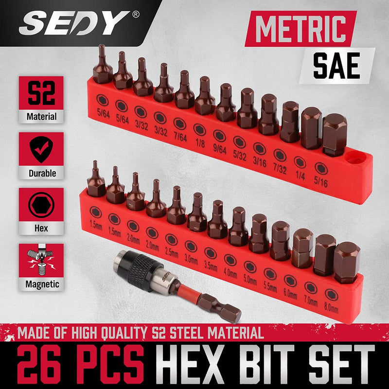 25-Piece Hex Bit Set - Premium Allen Key Drill Bit Set, Durable Allen Wrench Drill Bits, Hex Ket Drill Bit Set & Quick Change Bit Holder, SAE Metric Hex Drill Bit Set Strong Magnetic Tips 25-Piece Hex Bit Set