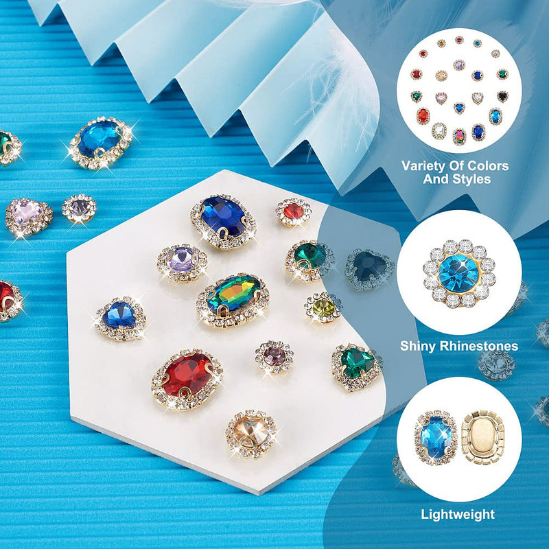 160PCS Sew on Rhinestones for Jewelry Costumes with Light Gold Plated Claws Sewing Glass Crystals Gems for Necklaces Brooches Dress Hair Bows Hats Decor Assorted Shapes