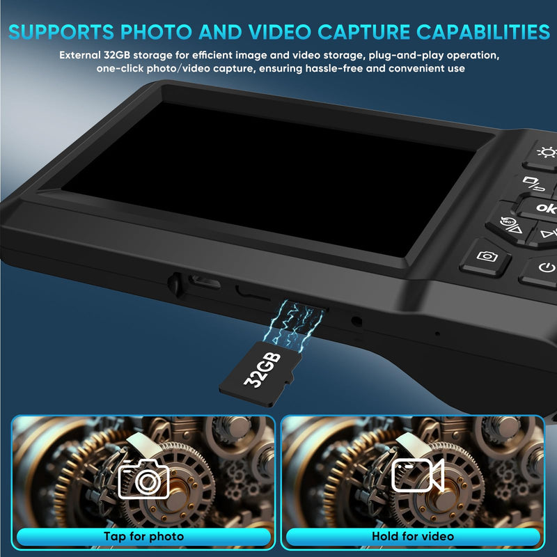Industrial Endoscope Borescope with Light, 8mm Dual Lens 1080P HD IP67 Waterproof Snake Camera with 4.3" LCD, 8 LEDs & Semi-Rigid Cable - Inspection Tool for Industrial Use (32GB Included) 32.81 ft