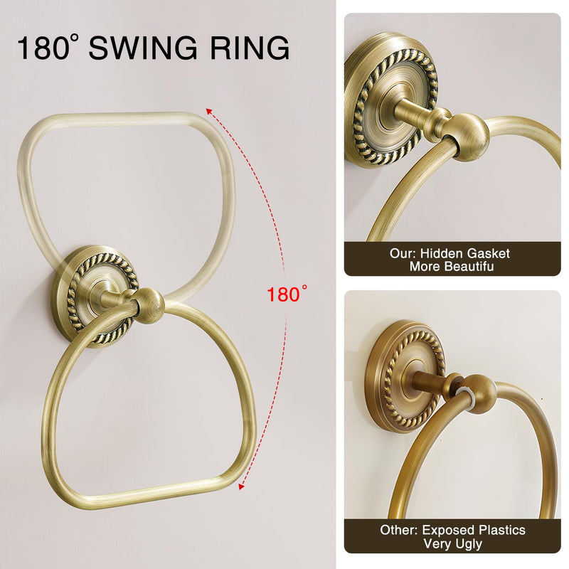 Antique Brass Toilet Paper Holder Towel Ring, Brass Hand Towel Holder Bathroom Accessories Vintage Bathroom Hardware Set Countertop Wall Mount, Rope Carving Base Design 2 Pieces Vintage Brass-toilet Paper Holder Towel Ring