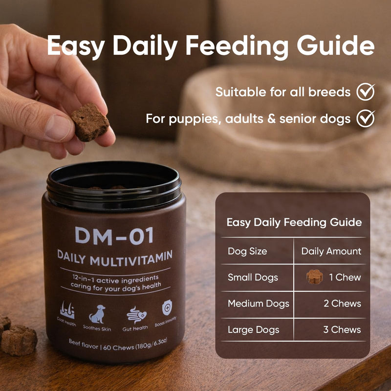 DM-01 Daily Multivitamin for Dogs - Advanced Hip & Joint Support, Boosts Immune System & Digestion, Promotes Skin, Coat & Organ System Health, Enhances Activity & Mood, 60 Chews (1) 1