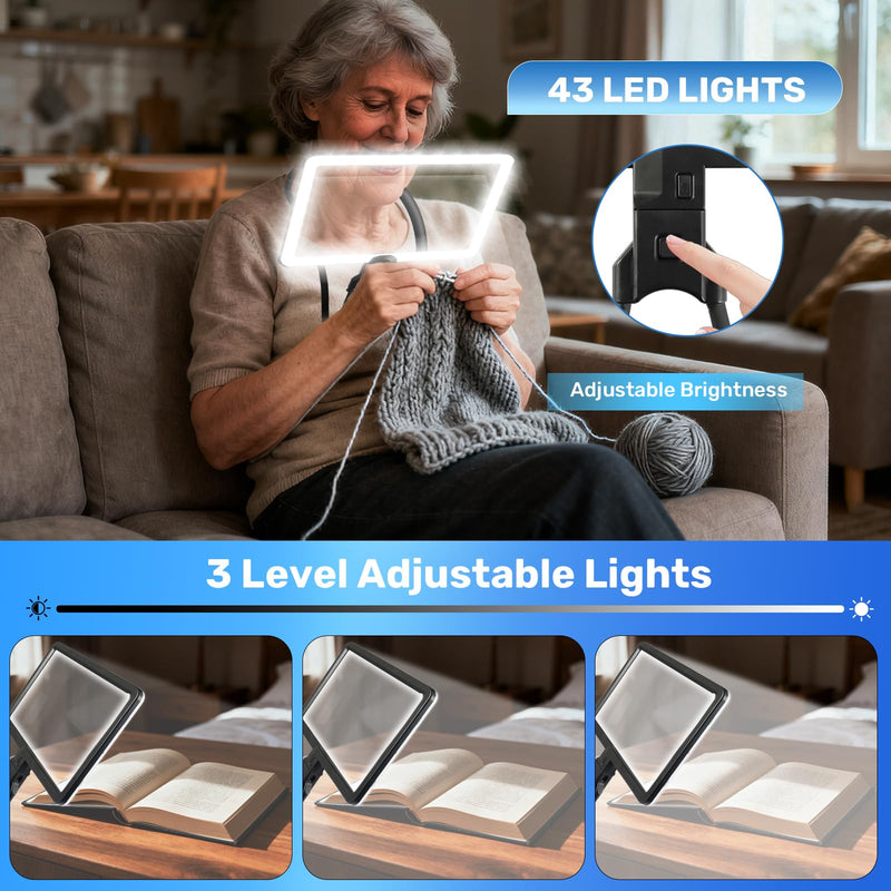 5X Neck Magnifying Glass with Light, Magnifier with Light Hands Free, Full Book Page Magnifier with 3 Light Modes, Flexible Gooseneck for Seniors Reading Low Vision Neck Magnifier Black