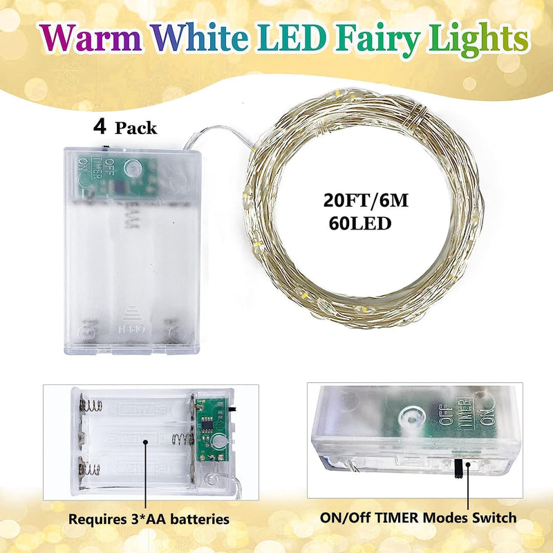4 Pack Fairy Lights Battery Operated with Timer, Each 20FT 60LED Christmas String Lights Outdoor Indoor, Cuttable Battery Twinkle Lights for Bedroom Home Wedding DIY Christmas Decorations (Warm White) Warm White 4PK（60LED）