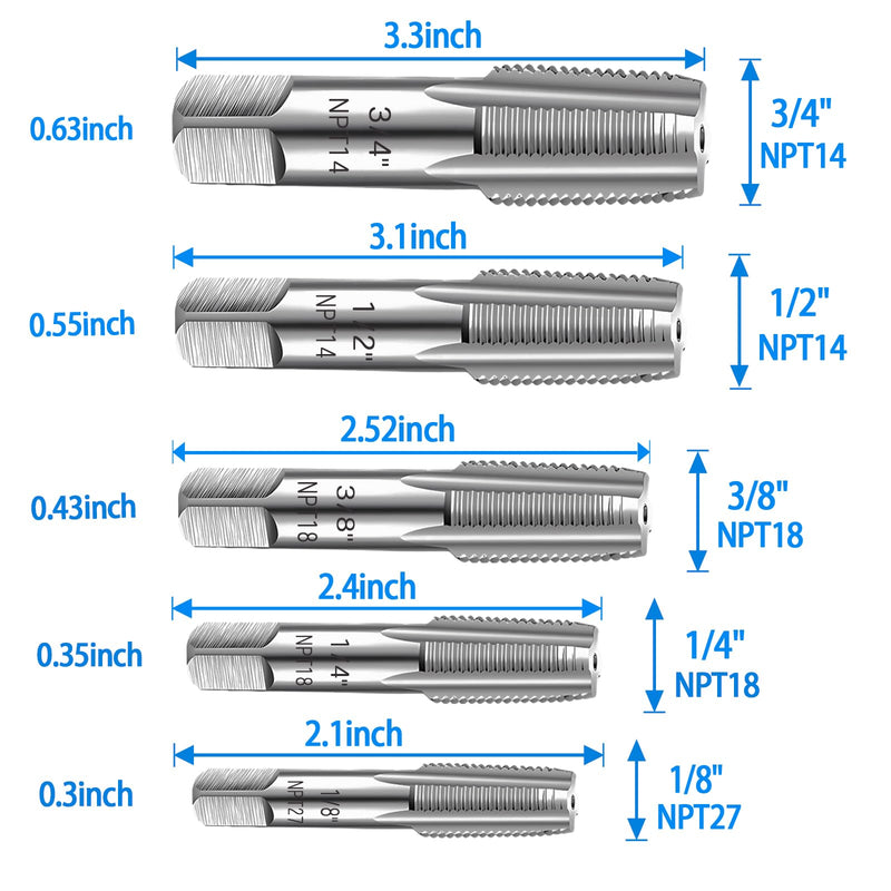 5-Piece NPT Pipe Tap Set, 1/8", 1/4", 3/8", 1/2", 3/4" ¾” NPT Tap Set Carbon Steel Hand Threading Plumbing Tap Set for Accurate Threads, Assorted Plumbers Mechanics DIY Thread cutting tools 5 pcs NPT Taps 1/8" 1/4" 3/8" 1/2" 3/4"