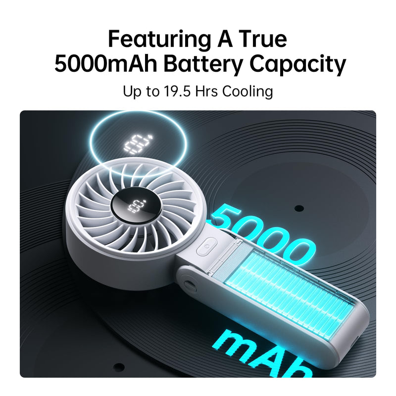 JISULIFE Handheld Fan Life7 – Ultimate Flexibility: High-Power Motor, LED Display, 19.5 Hrs Cooling, 5000mAh Rechargeable, 5-Speed, Foldable Design, 3-IN-1 Portable Fan for Travel Cruise Beach(Grey) Grey