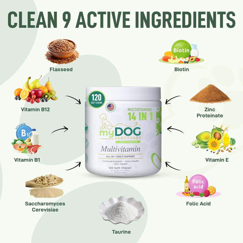 14-in-1 Multivitamin for Dogs – 120 Bacon Soft Chews | Daily Vitamins with Joint Support, Immune Health, Skin & Coat | A, D3, E, C & B-Complex | All Breeds & Ages
