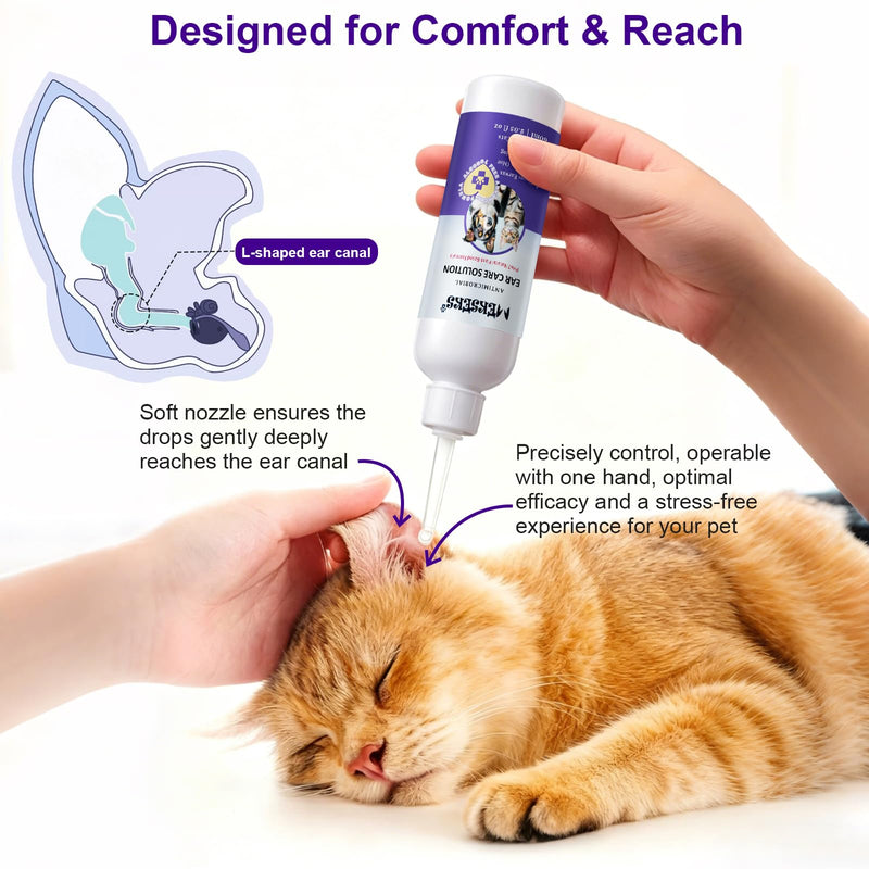 Dog Ear Cleansing Solution Ear Infection Treatment Drops for Dogs Cats Ear Cleaner Wash, Relieves Itchy Ears Redness, Removes Earwax Debris Odor, Gentle Natural 2.03 fl oz