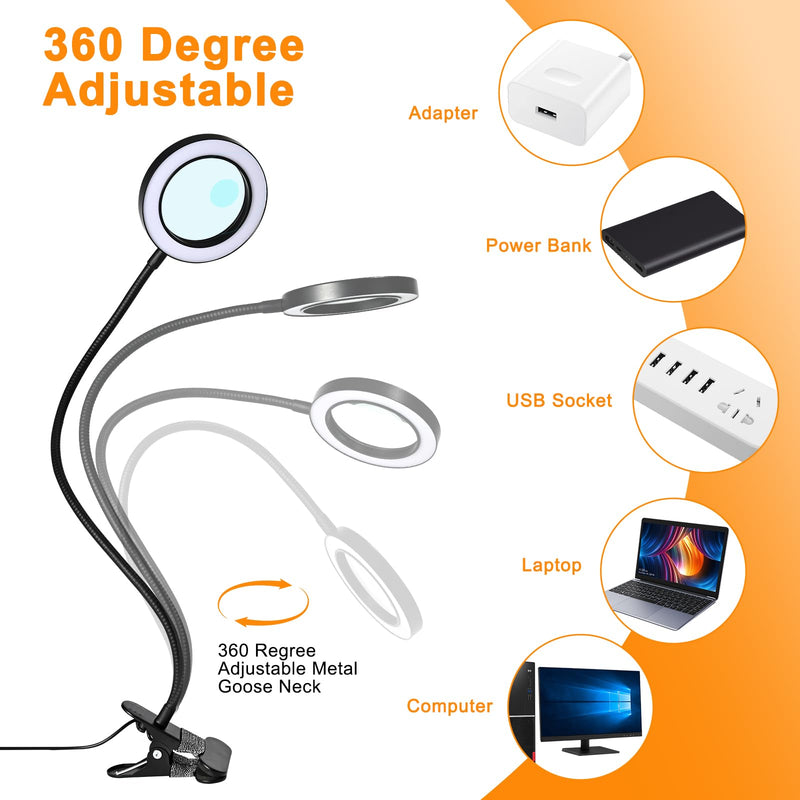 20X/10X Dual-lens Magnifying Glass with Light and Timer, Combination Lens Magnifier with Light, 3 Color Modes, 2 in 1 Magnifying Desk Lamp for Craft Hobby Painting Sewing Close Work(No Adapter) Black 120mm-NoAdapter
