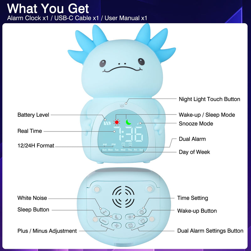 Axolotl Alarm Clock for Kids, Rechargeable Ok to Wake Clock with Night Light - BPA-Free Silicone Sleep Training Clock, Cute Toddler Wake Up Clock for Boys Girls Bedroom Blue Axolotl