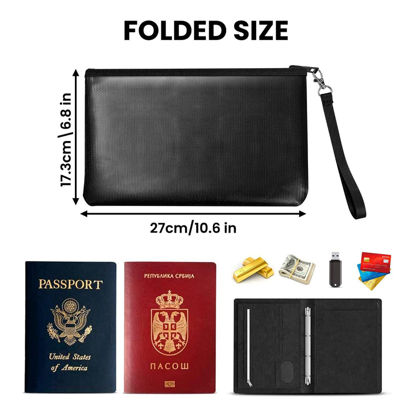 Quctak 6400°F Fireproof Money Bag 2pcs, Fireproof Document Bags, Bank Cash Bag with Zipper & Strap, Suitable for A5 Documents, Bank Inventory, Passport (Black)