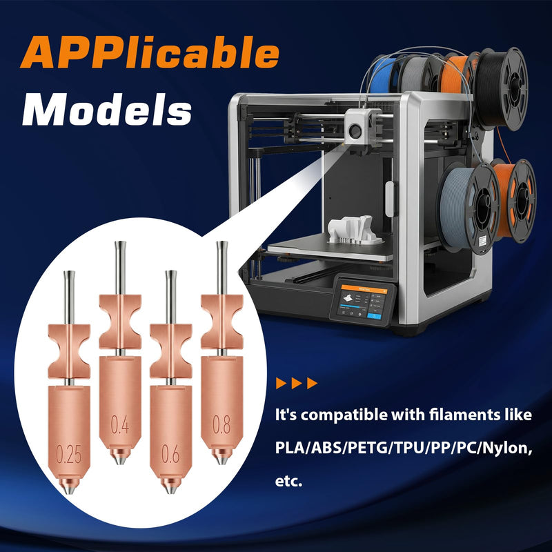 4 Pcs Upgraded AD5X All Metal Hotend Nozzle Set, 4 Sizes 0.25/0.4/0.6/0.8MM 3D Printer Extruder Printhead Replacement Kit, Includes 4 Silicone Socks & 4 Nozzle Wipers, AD5X 3D Printer Accessories