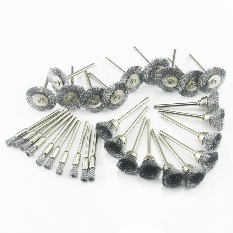 𝐉𝐔𝐍𝐋𝐈𝐗𝐍 30 Pcs Wire Brush Wheel, 1/8 Inch Shank Coarse Crimped Steel Wire Brushes Kits for Dremel Rotary Tool (Silver) 30 Pcs steel wire brush