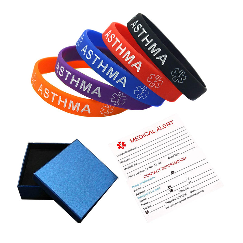 Lyndong 5 Pack Asthma Silicone Medical Alert Emergency Bracelet Wristbands