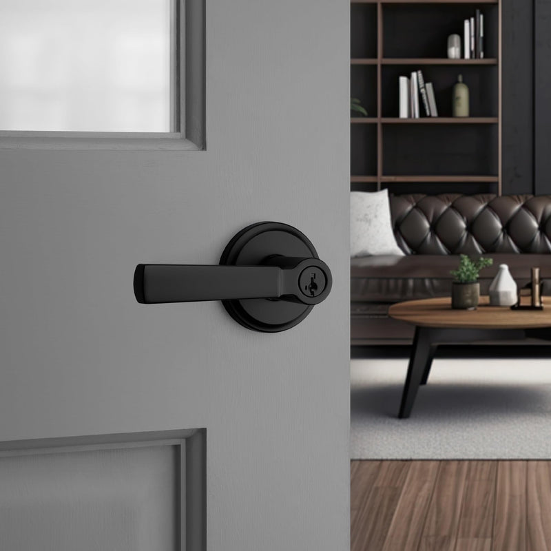 Kwikset Perth Entry Door Handle with Lock and Key, Secure Keyed Reversible Lever Exterior, for Front Entrance and Bedrooms, Matte Black, Pick Resistant Smartkey Rekey Security and Microban