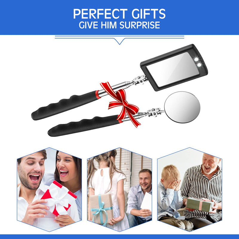 Frienda 2 Pieces Lighted Telescoping Inspection Mirror Flexible Retractable LED Automotive Extension Mirror Round Dental Mirror with Light Pickup Tools Valentine Birthday Gift for Men, Husband, Father