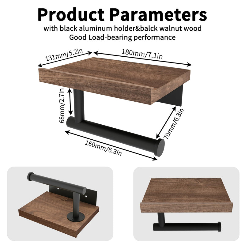 Wood Toilet Paper Holder with Wood Shelf, Wall Mount Tissue Paper Roll Holder, (Walnut) Walnut Wood & Matte Black