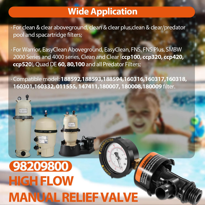 98209800 High Flow Manual Relief Valve/Air Relief Manual Valve Assembly with Pressure Gauge, Replacement for Pool and Spa Filter (2 PACK-98209800) 2 PACK-98209800