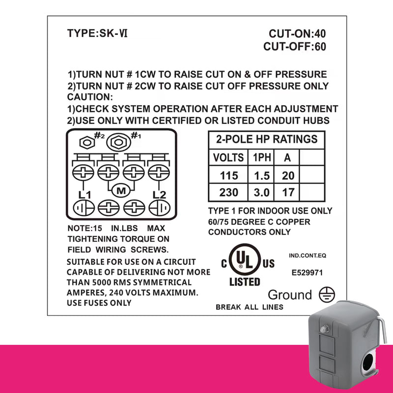 Water Pump Pressure Switch, 40-60PSI Pressure Setting, 1/4" NPT Female, Air-Pump Pressure Switch, Schneider 9013FSG2J24M4 Compatible