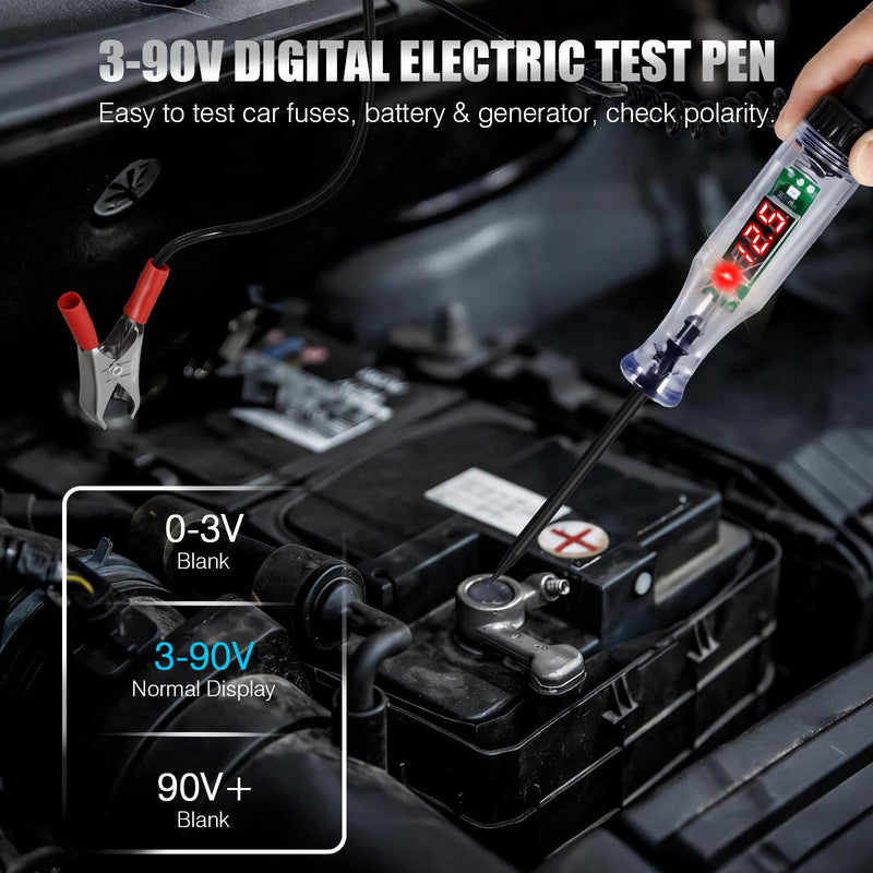 PIFOOG Automotive Circuit Tester Car Test Light with Digital 3v-90v Display, High Precision Auto Fuse Relay Tester Electrical Current Fault Probe Checker Testing Tool LCD Front Lighting Max 20A 48V