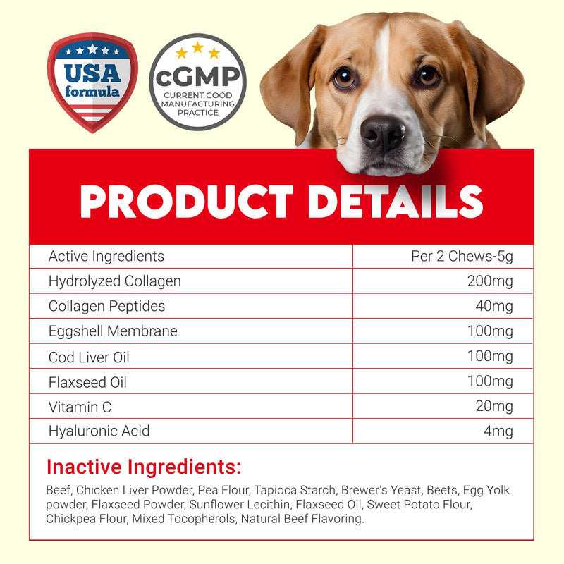 Collagen for Dogs - 150 Chews - Joint, Skin & Coat Supplement with Hyaluronic Acid, Eggshell Membrane & Vitamin C - Daily Hip & Joint Support for Senior Dogs & Puppies - Beef