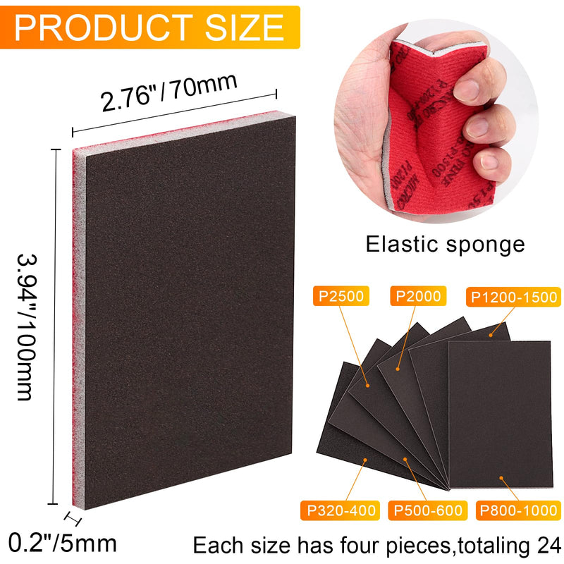 24 Pcs 320-2500 Grit Sanding Sponge Set, Ultra Fine Foam Sanding Pads, Wet Sanding Paper, Sanding Sponges for Wood, Drywall Sanding Sponge, Soft Foam Sand Block for Model, Metal, Furniture Polishing