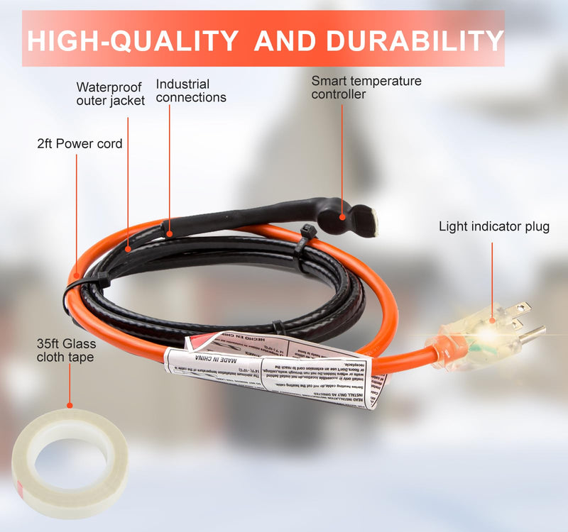 HEATIT Heating Cable - CSA & ETL Approved, Prevents Pipe Freeze, Keeps Water Flowing, Energy-Efficient, Reliable Performance, Hassle-Free, Durable Heat Tape for Water Pipes HISD 6ft, 7w/ft, 120V 6 ft