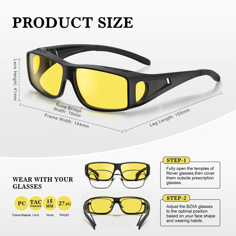 Night Vision Glasses Wrap-Around for Men Women,Fit Over Glasses,Polarized Night Driving Glasses with HD Yellow Lens