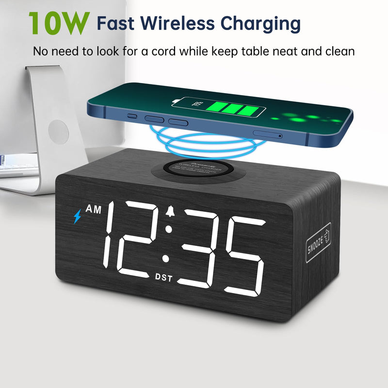 DreamSky Wooden Digital Alarm Clock with Wireless Charging for Bedroom, Bedside Nightstand Clock with Charger Station, USB Port, Large Numbers, Adjustable Volume, Brightness Dimmer, DST Black
