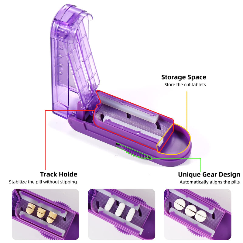 Pill Cutter Splitter for Small and Tiny Pills, Adjustable Pill Cutters for Small Tablets, Accurately Cuts Multiple Pills at Once (Sharp Blade with Safety Guard,Non-Slip Silicone Edge) Purple