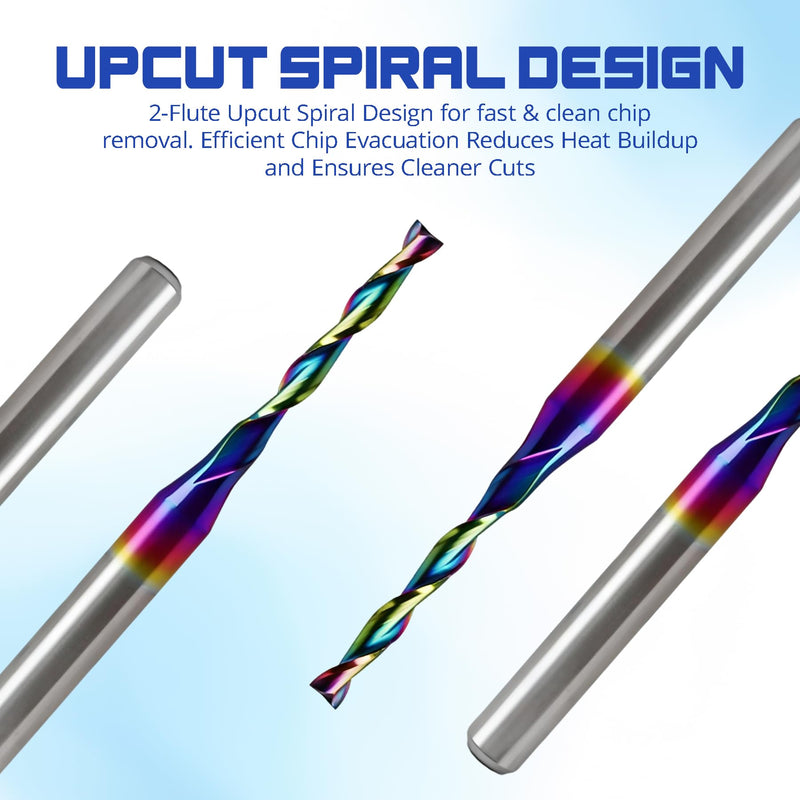10Pcs CNC Router Bits with DLC Coating 1/8" Shank Upcut CNC Bit End Mill Solid Carbide Endmill Two Flute Spiral Milling Cutter for Wood PVC Engraving (1/16" x1/8" x1/2" x1-1/2) 1/16"x1/8"x1/2"x1-1/2"