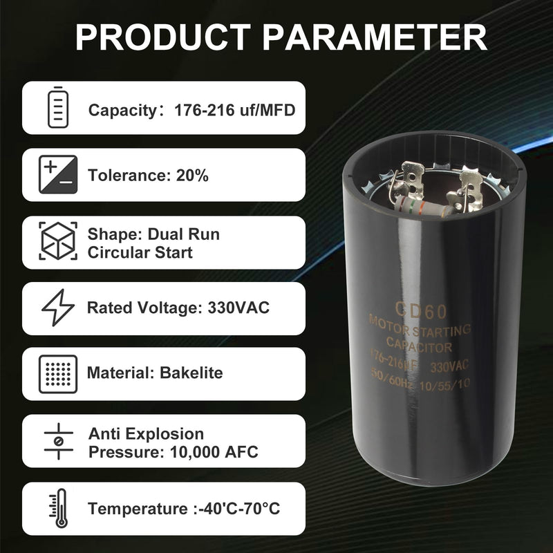 Upgrade CPT00320 Capacitor Dual Run Circular Start with Resistance Wire for Trane 176-216 MFD uF 330 Volt Capacitor, Specific Fit for American Standard Units, Heat Pump and HVAC Systems