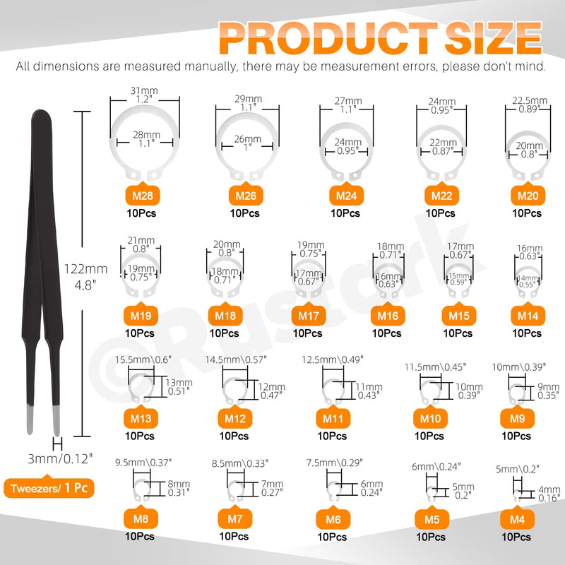 211Pcs 21 Sizes 304 Stainless Steel External Snap Rings Assortment Kit with Tweezers Silver External Retaining Ring Circlip Snap Retaining Clip Ring C-clips Snap Ring Set for Axle Shaft Parts
