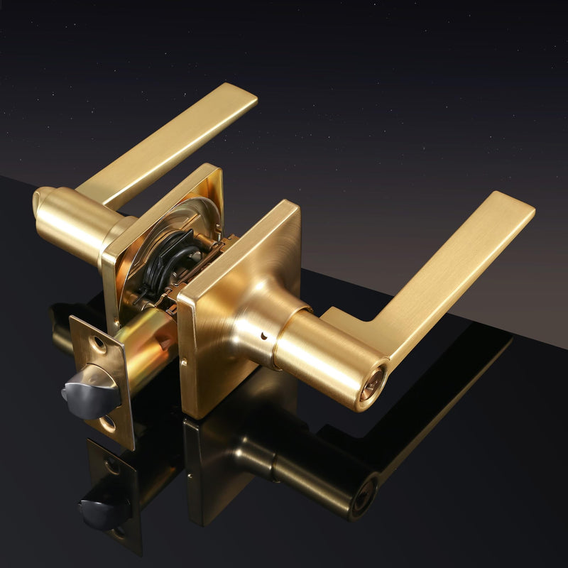 Leydebong 2 Pack Keyed Entry Lever Lock, Square Sleek Door Handle with Keys Gold Entry Lever for Office & Exterior Door Keyed Alike Door Handle Satin Brass