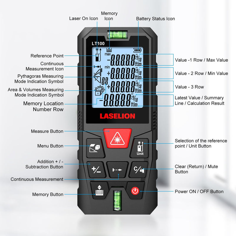 LT100 Laser Distance Meter – 100m (328t) Range, High Accuracy, Multiple Measurement Modes, Built-in Level Bubble, Handle Laser Distance Measurement Tool，Mute Function (328ft) 328ft