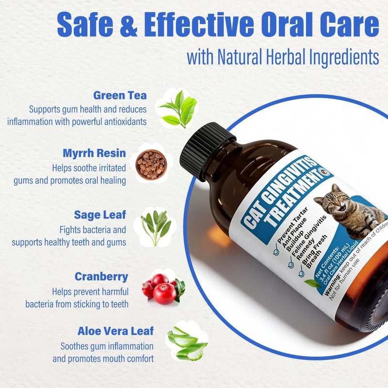 Cat Gingivitis Treatment Liquid 100ml - Cats Dental Care Clean Teeth & Gums, Eliminate Bad Breath, Natural Extracts Lessen Tartar & Plaque, Include 3 ml Dropper with Cap