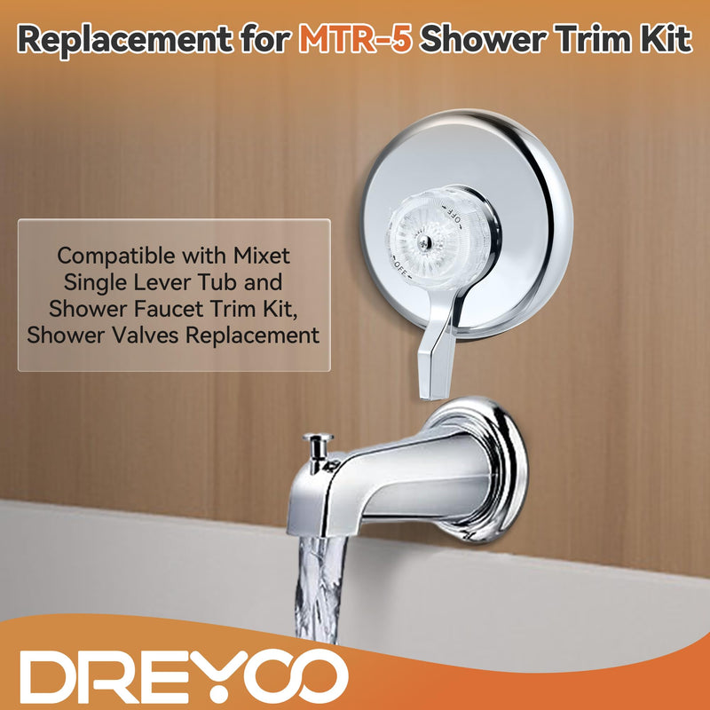 Dreyoo Replacement for MTR-5 Shower Trim Kit, Compatible with Mixet Tub and Shower Knob Replacement, 5-1/2 OD Escutcheon, Chrome Temperature Control Handle, Clear Volume Control Handle