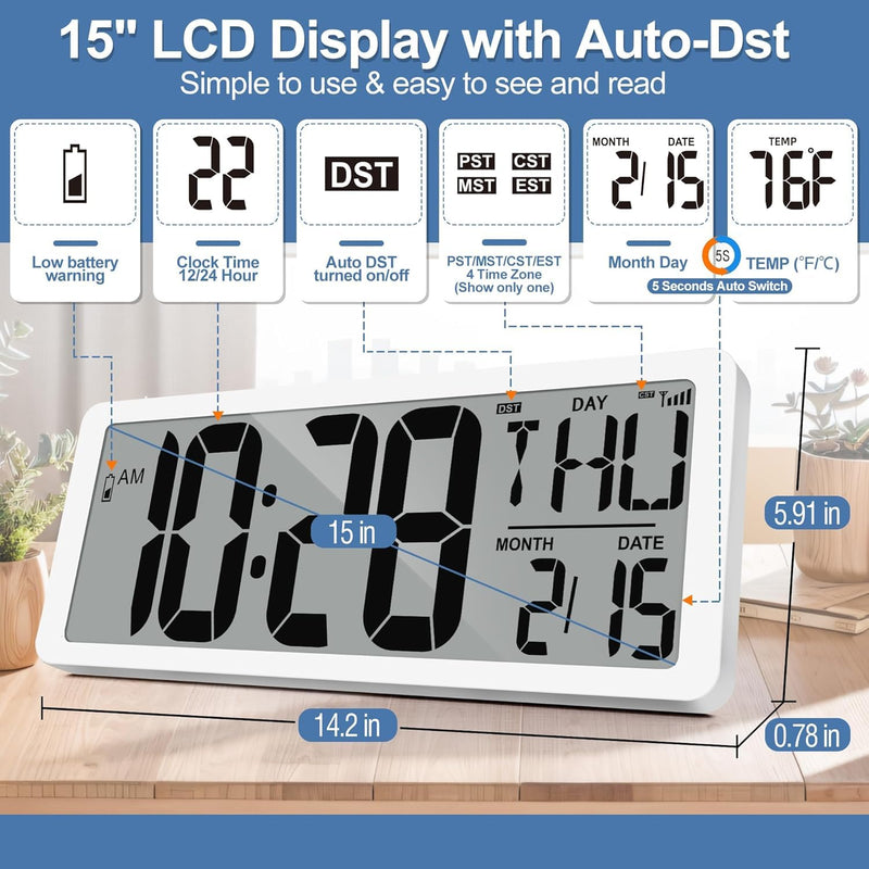 Atomic Clock with Backlight 15" Digital Wall Clock Battery Operated Atomic Wall Clock Digital Alarm Clock with Day Date & Temperature for Wall Office Bedroom Living Room 15" Atomic Clock with Backlight