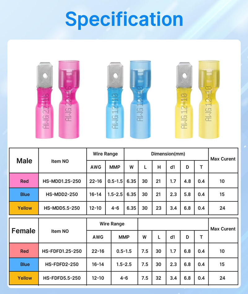 Kuject 130PCS Heat Shrink Wire Connectors, 22-10 AWG Electrical Insulated Male Female Wire Spade Terminals, Quick Disconnect Waterproof Crimp Butt Terminals for Automotive Marine Boat Truck 130