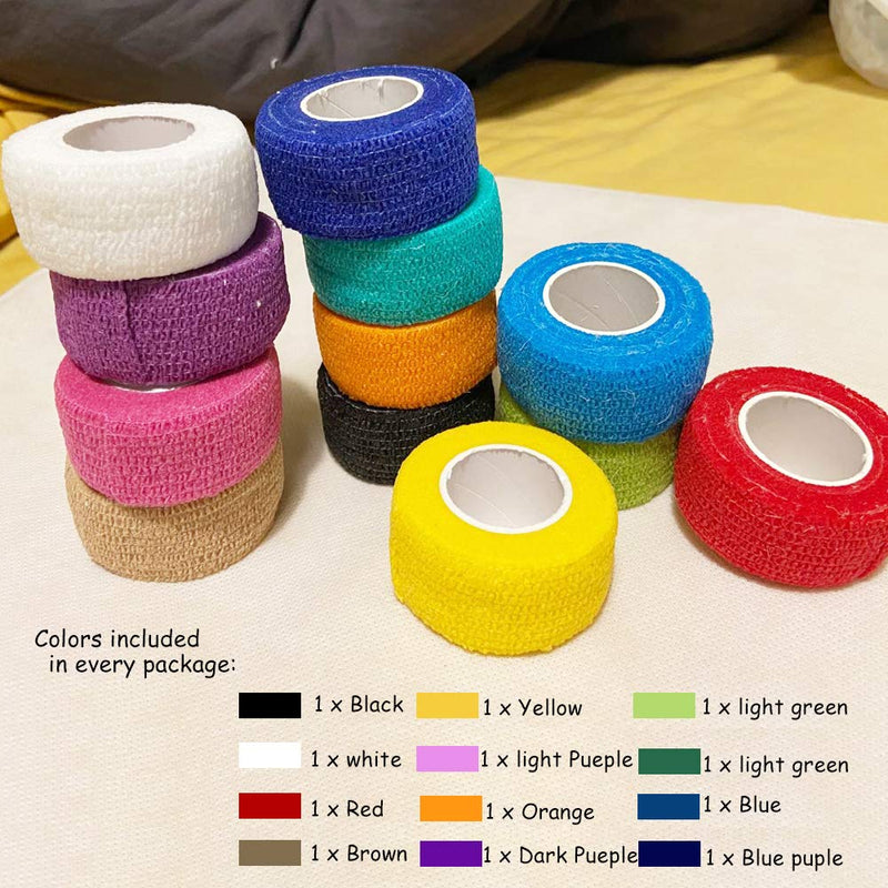 (12-Pack) 1” x 5 Yards | Self Adhesive Bandage Wrap, Kuvvfe Athletic Elastic Cohesive Bandage for Sports Injury,Strain,Knee & Wrist,Ankle Sprains & Swelling First Aid 1x180 Inch (Pack of 12)